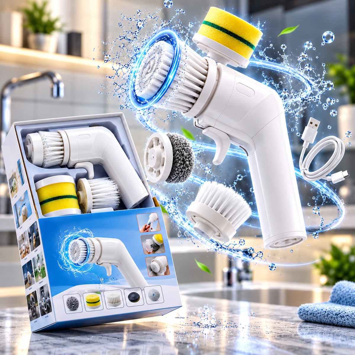 Electric Cleaning Brush With Multiple Attachments For Efficient Home Cleaning – 360° Rotating Scrubber With Sponge, Brush, And Steel Wool Heads