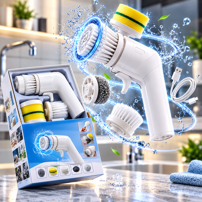 Electric Cleaning Brush With Multiple Attachments For Efficient Home Cleaning – 360° Rotating Scrubber With Sponge, Brush, And Steel Wool Heads