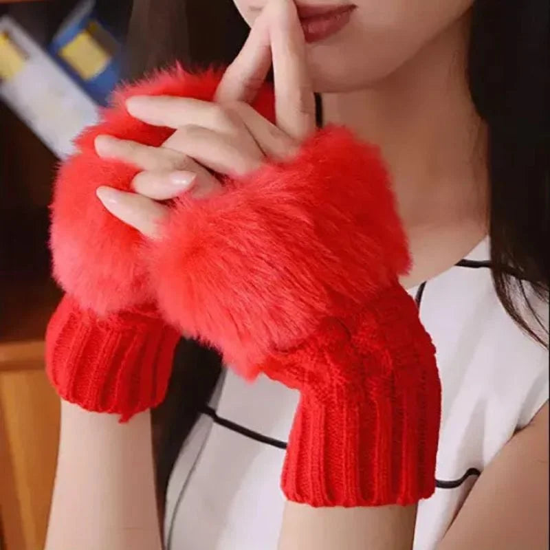 Women’s Faux Fur Fingerless Knitted Gloves | Warm Winter Hand Wrist Warmers | Soft, Stylish & Comfortable | Red