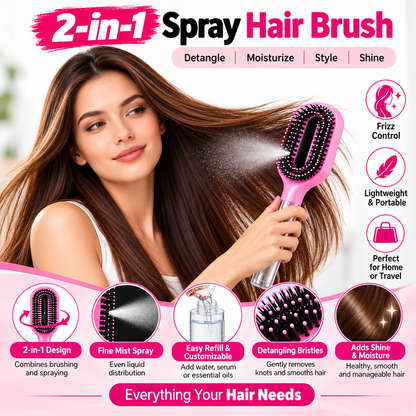 2-in-1 Misting Hair Brush with Water Spray Bottle | Fine Mist Detangling Brush for Curly, Wavy & Straight Hair | Wet & Dry Styling Brush | Portable Anti-Frizz Hair Comb