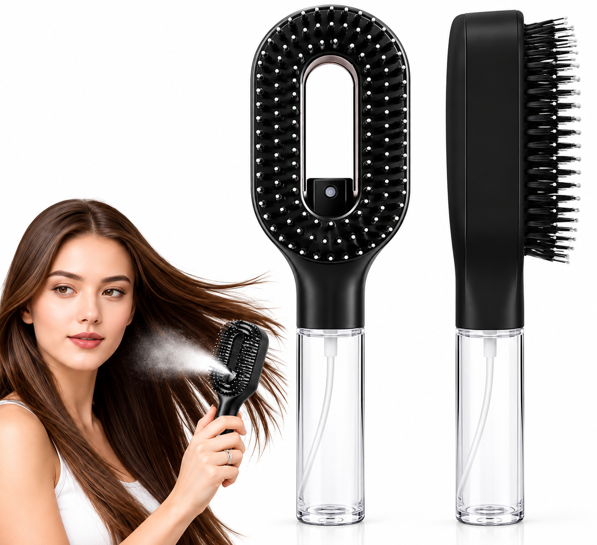 2-in-1 Misting Hair Brush with Water Spray Bottle | Fine Mist Detangling Brush for Curly, Wavy & Straight Hair | Wet & Dry Styling Brush | Portable Anti-Frizz Hair Comb