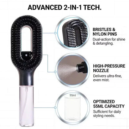 2-in-1 Misting Hair Brush with Water Spray Bottle | Fine Mist Detangling Brush for Curly, Wavy & Straight Hair | Wet & Dry Styling Brush | Portable Anti-Frizz Hair Comb